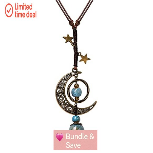 Adjustable Cord Lariat Necklace with Crescent Moon Pendant, Boho Statement - Picture 2 of 8